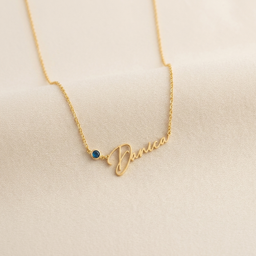 Personalized name and birthstone necklace in gold finish