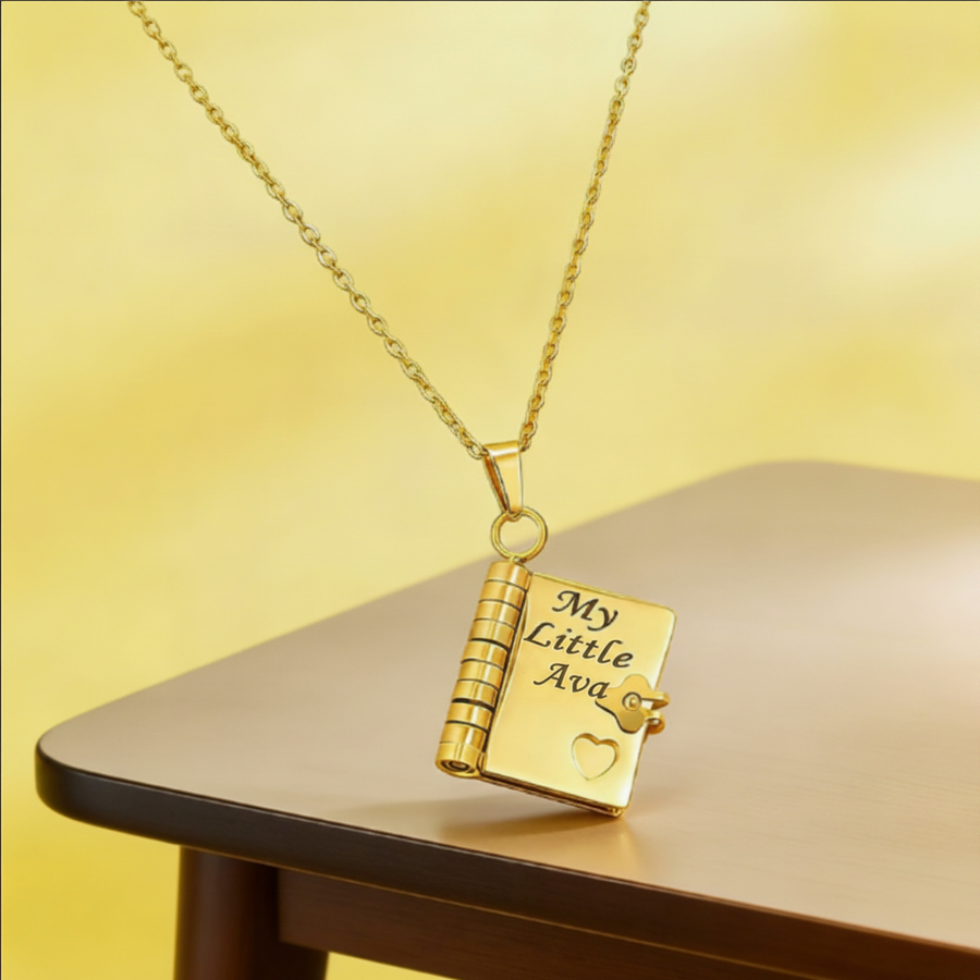 Gold heart notebook pendant engraved with My Little Ava, personalized necklace