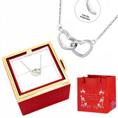 Personalized Interlocking Hearts Couples Necklace — White Necklace + Rotating Box