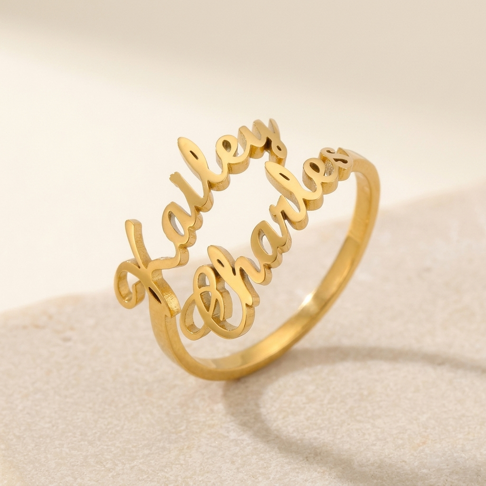 Adjustable personalized couples ring engraved with two names in gold finish