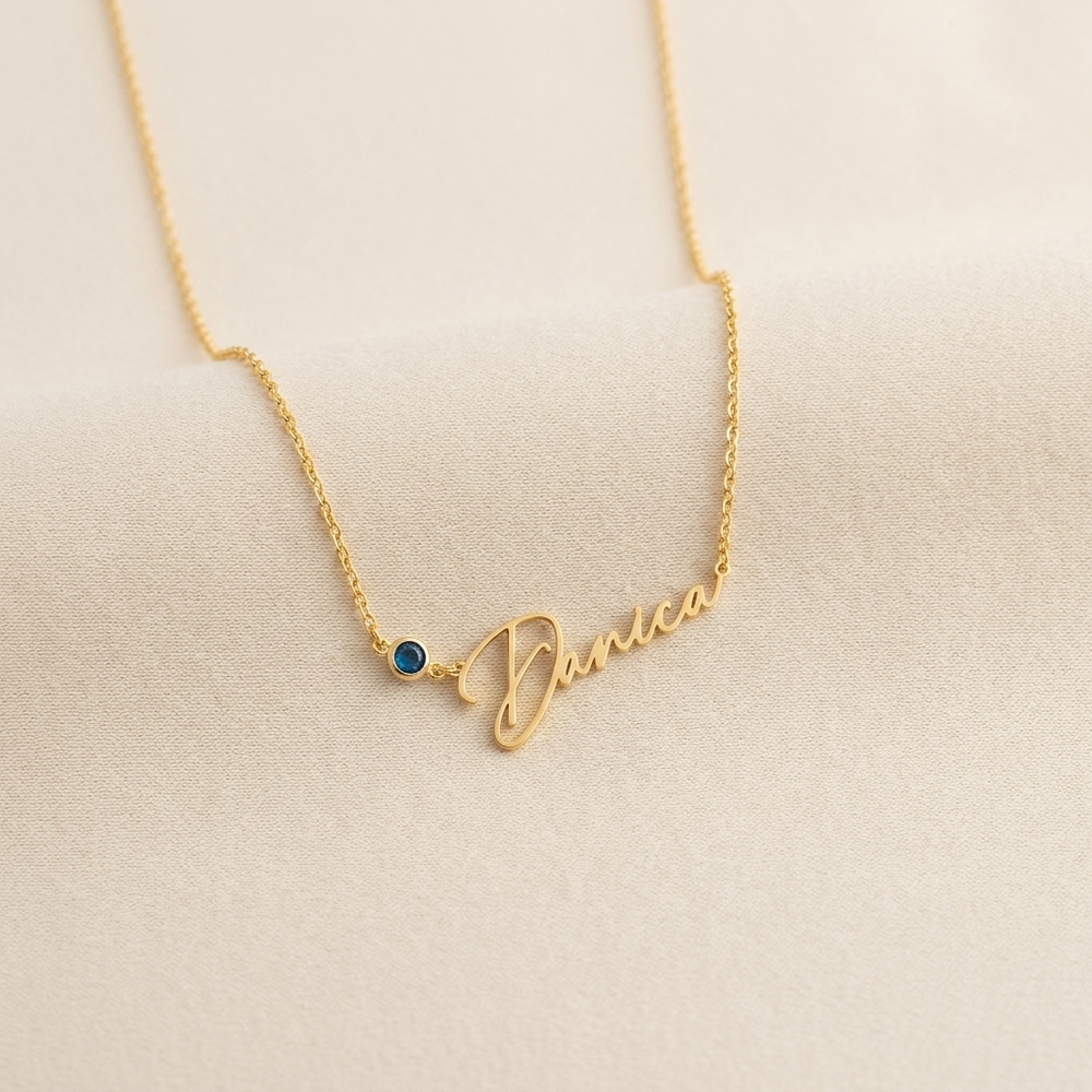 Personalized name and birthstone necklace in gold finish