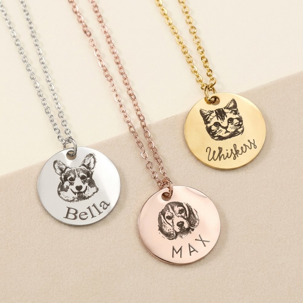 Personalized pet photo engraved disc necklaces with pet names