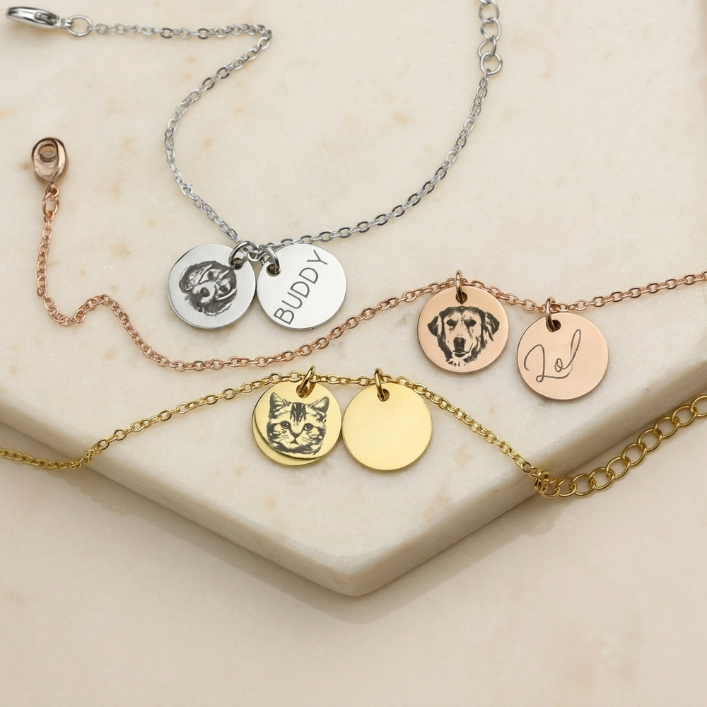 Engraved pet portrait discs on personalized bracelets