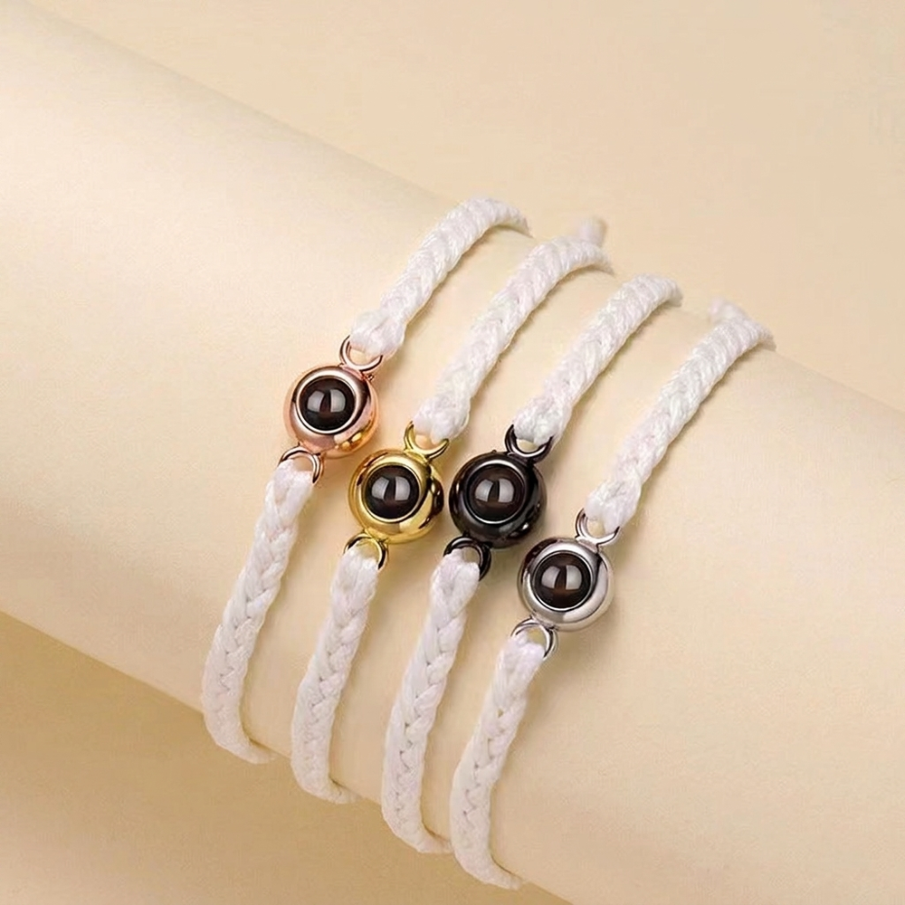 Personalized photo projection braided bracelets with metal beads